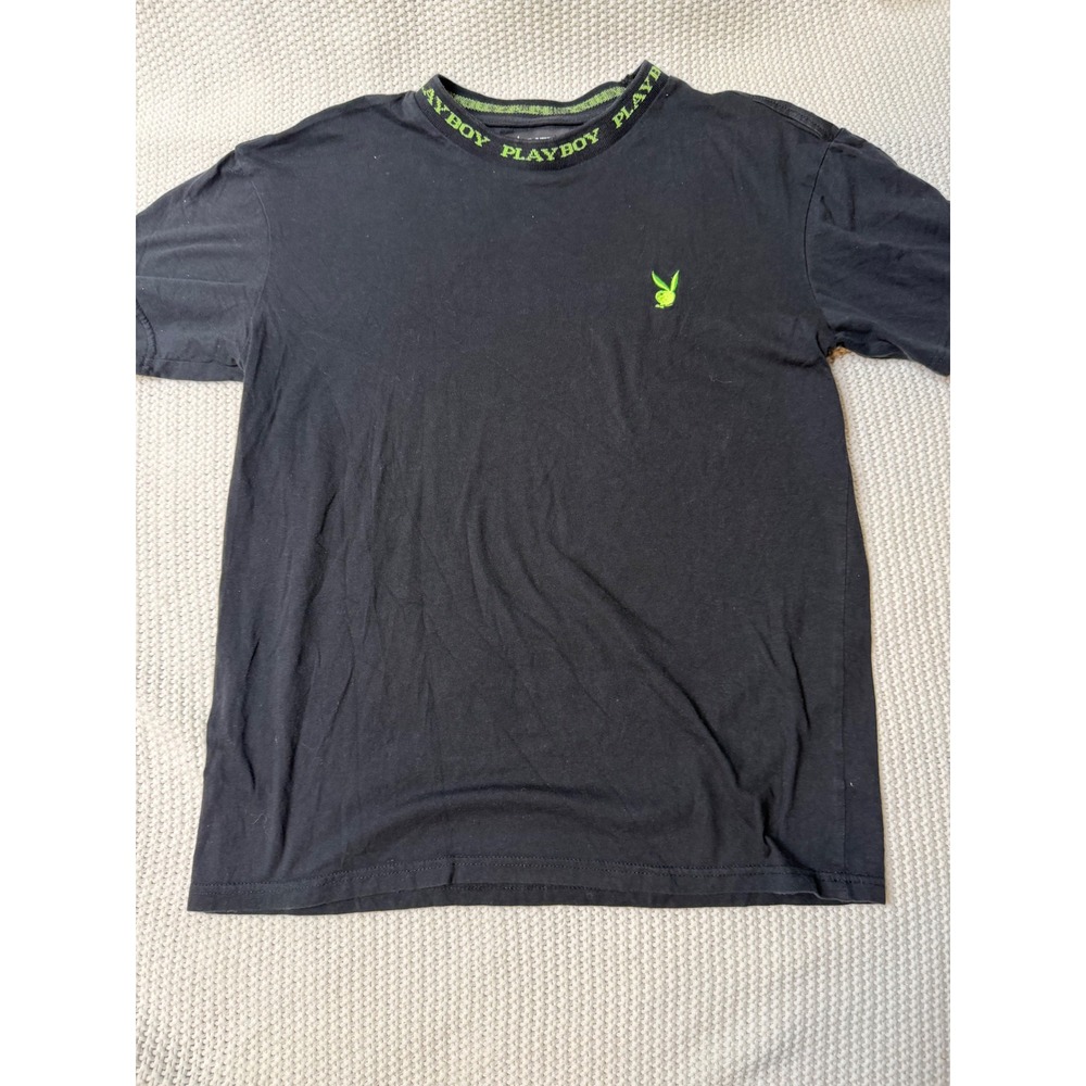 Playboy by PacSun Mens Small Black T-Shirt Lime Green Logo Mock Neck Streetwear
